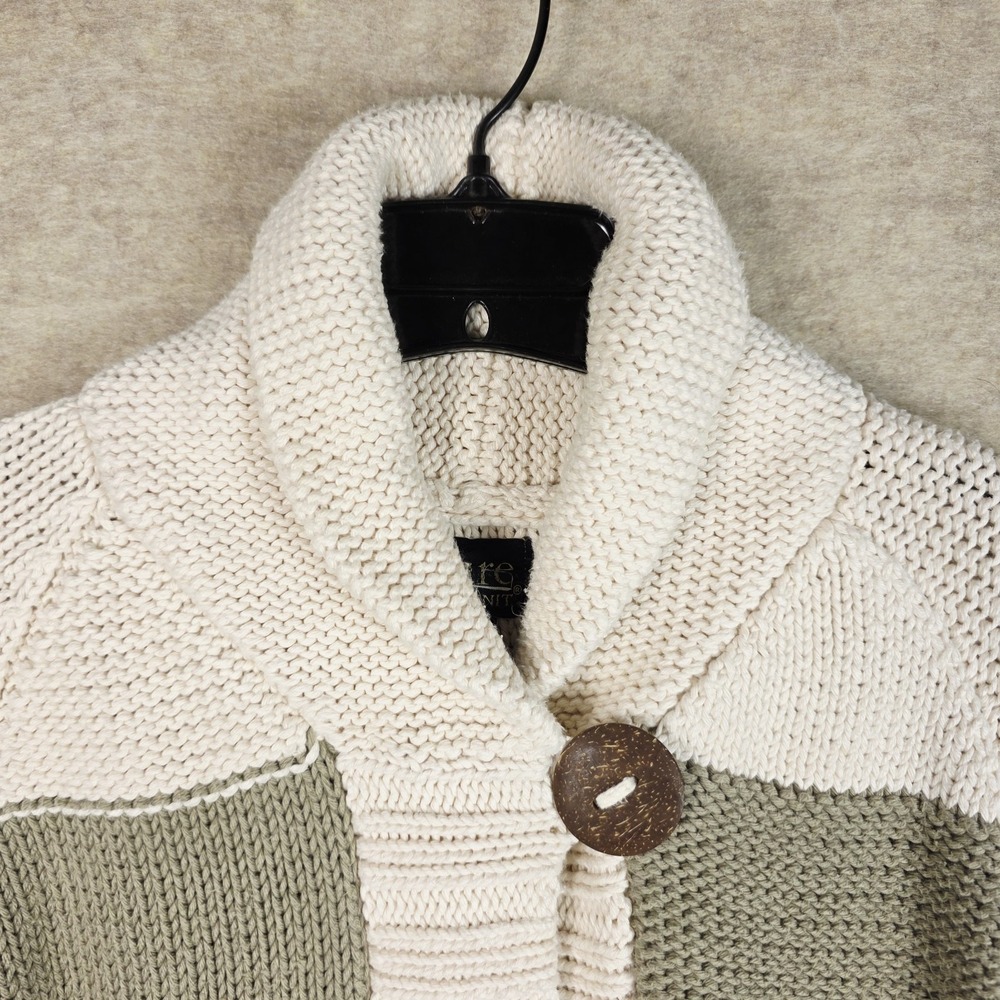 Hand-knit Cabin Coastal Patchwork Sweater Cowl Neck Button Front Chunky‎ Neutral - Picture 6 of 15